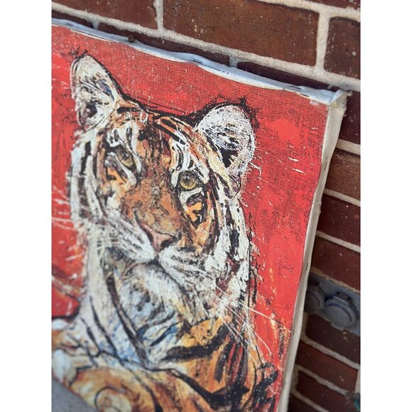 VTG Tiger Portrait Canvas Art Abstract Expressionist Style Red/Orange Background - Picture 3 of 8